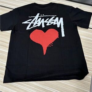 Stussy Black Tee with Red Heart Graphic